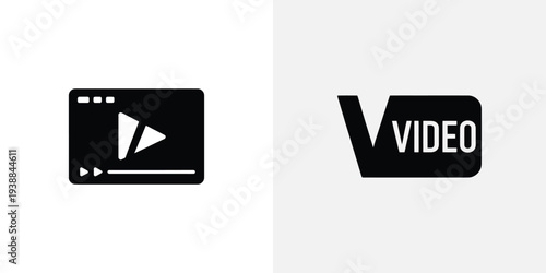 Black and white video play button icon on a plain background for interface design