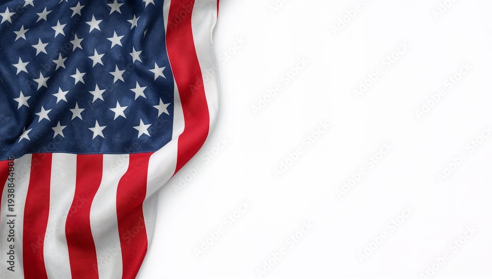 Obraz premium Dynamic portrayal of the United States flag, draped elegantly with soft folds against a pristine white background, providing generous blank space for custom content and patriotic messaging
