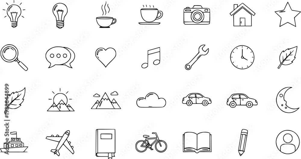Fototapeta premium Black and White Line Art Icons: Lightbulb, Coffee, Camera, House, Star, Magnifying Glass, Chat, Heart, Music Note, Wrench, Clock, Leaf, Ship, Airplane, Book, Bicycle, Pencil