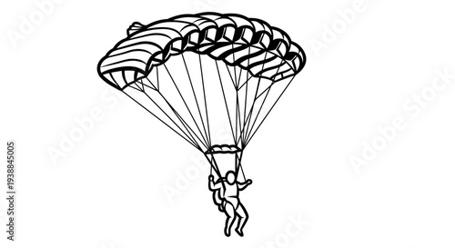 Person descending with parachute in simple line drawing.