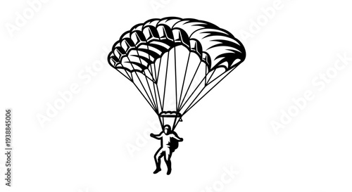 Parachutist descending with parachute open in mid-air.