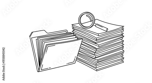 Black and white illustration of a file folder and a stack of documents with a magnifying glass.