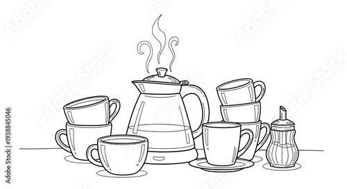 Simple line drawing of coffee cups and teapot on a table.