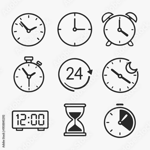 A set of Outline clock icons focuses on simplicity, elegance, and ease of recognition. Vector Sign for Logos, Labels, and Icons.