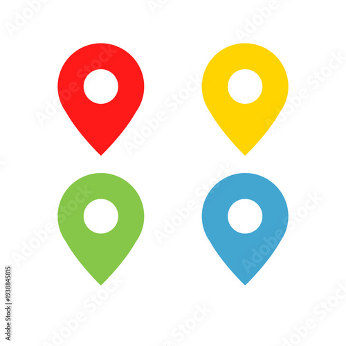 Colorful map location pins representing navigation destination marker GPS tracking place indicator design icons.