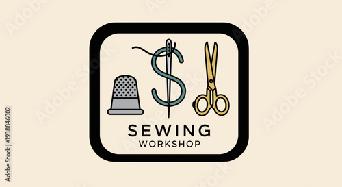 Sewing Workshop Logo with Thread and Scissors.
