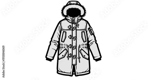 Winter Parka Coat with Fur Hood Illustration.