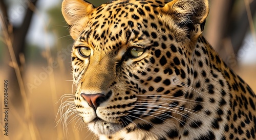 Close up portrait of a leopard in natural habitat looking towards camera
