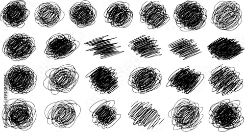 Black and White Scribble Brush Strokes, Isolated on White Background, Abstract Art Style