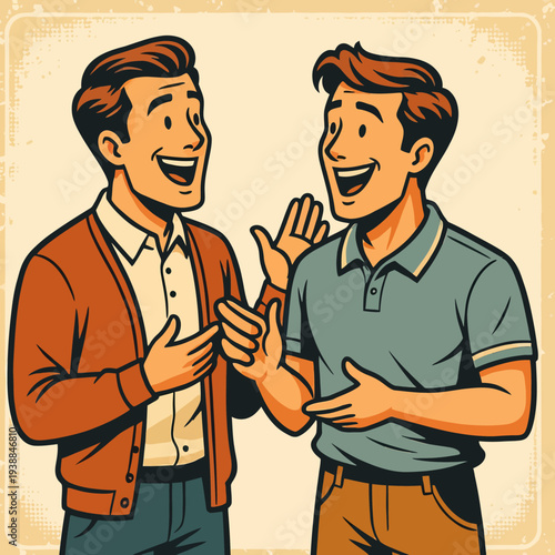 Two Men Laughing and Talking Together.