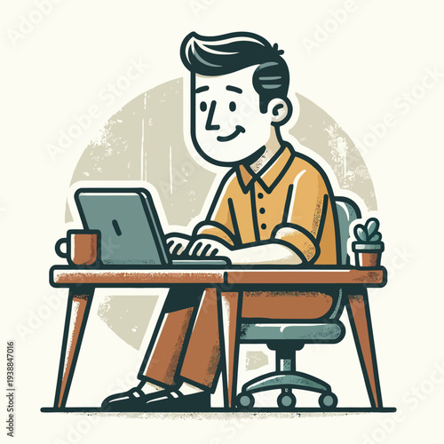 Man Working on Laptop at Desk.