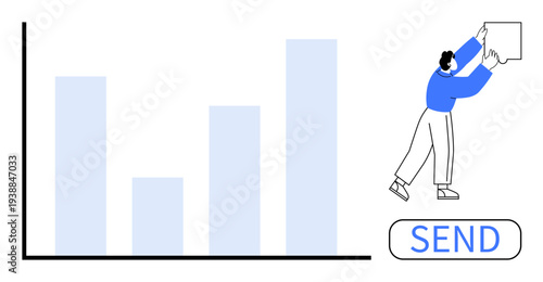 Data analysis visual emphasizing collaboration. Data ed through bar charts while a person sends information, highlighting teamwork and technology. For analytics, teamwork apps, digital media