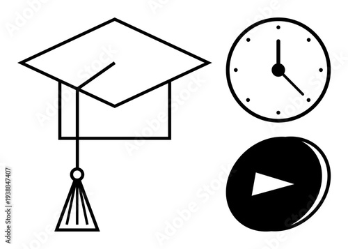 Education, time management, e-learning, punctuality, online courses, academic progress. Graduation cap, clock and play button icons. Education and time management symbols for academic