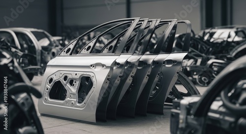 Car door panels stacked in a modern automotive factory setting