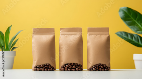 Brown coffee bean pack, plant, yellow background, minimal style, blank packaging, mockup