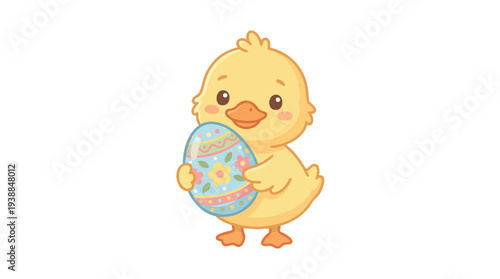A cartoon yellow chick holding a colorful Easter egg against a white background with pastel tones.