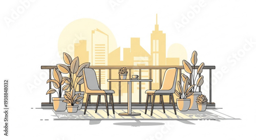 Cozy balcony with table chairs and potted plants overlooking city skyline at sunset