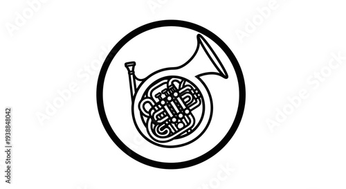 Black and White French Horn Illustration.