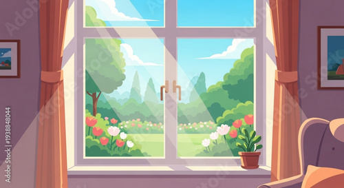 Serene indoor scene with a large window overlooking a vibrant garden blooming flowers and lush greenery on a sunny day with a cozy chair and potted plant