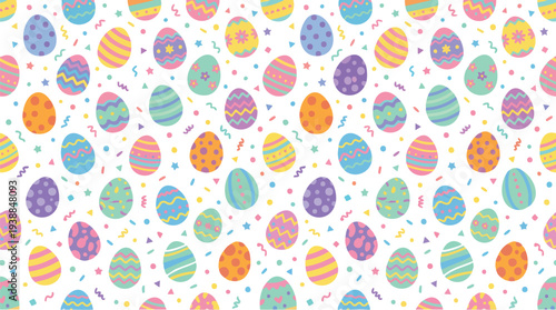 Easter egg pattern with colorful eggs on white background with dots and stripes, flat lay composition with pastel colors.