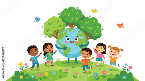 A diverse group of happy children dancing around a smiling cartoon Earth with trees and flowers in a vibrant, colorful outdoor setting.