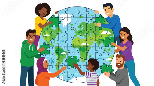 Diverse group of people assembling a jigsaw puzzle of the Earth on a clean white background with a flat lay composition.