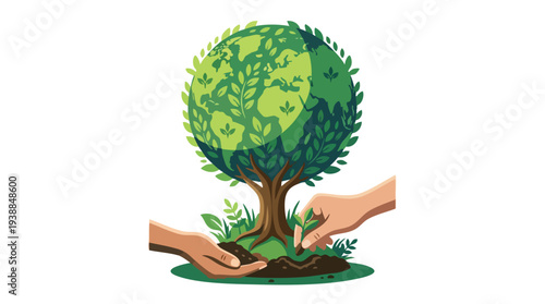 Illustration of two hands nurturing a tree with a globe-shaped leafy crown from soil on a white background with eco-friendly and earthy tones.