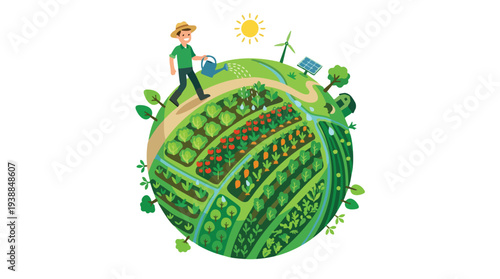 Illustration of a person nurturing a vibrant green globe with lush vegetation and sustainable energy elements.