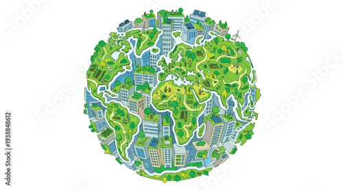 Mosaic globe illustration made of green, blue and yellow pieces on a white background with a flat design style.
