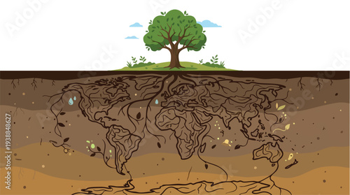 Illustration of a tree's root system underground with a green tree above ground on a sunny day with blue sky.
