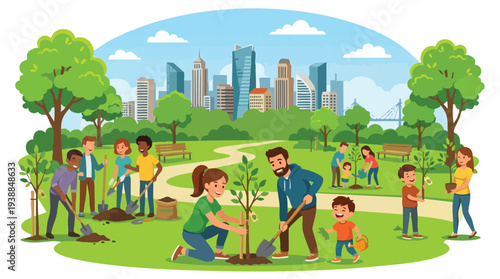 Illustration of diverse people planting trees in a park with a city skyline in the background, conveying an eco-friendly community effort with vibrant colors.