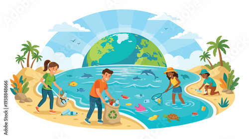 Illustration of diverse people picking up trash on a beach with a globe and ocean in the background, conveying an eco-friendly and community-driven mood.