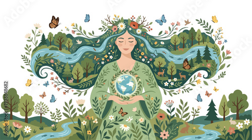Illustration of a woman holding the Earth surrounded by lush greenery, flowers, and wildlife in a whimsical, illustrative style with a natural and earthy mood against a white background.