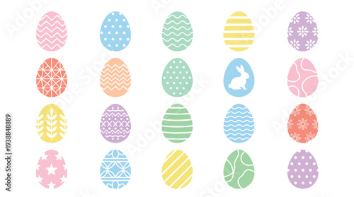 Easter eggs in various pastel colors and patterns on a white background, flat lay composition with vibrant and festive mood.