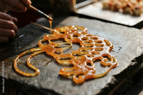 Artisan crafting a sugar sculpture using molten caramel on a stone surface