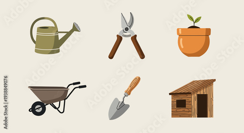 Gardening tools and accessories arranged around a shed, showcasing various equipment for plant care and maintenance.