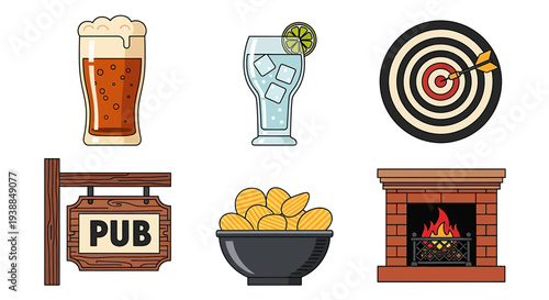 A collection of pub-themed icons including drinks, snacks, and games in a casual setting
