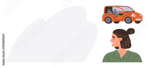 Transportation, automobile innovation, everyday commutes, modern design, mobility solutions, eco-friendliness. Compact orange car and woman in a green shirt. Transportation and automobile innovation
