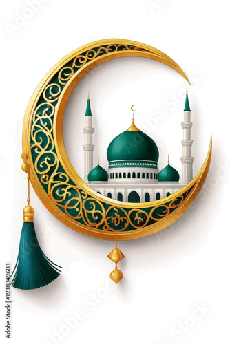 Vintage gold vector illustration of Arabic Islamic calligraphy ornament for a mosque sign or restaurant menu design featuring a decorative lamp and bird cage icon symbol