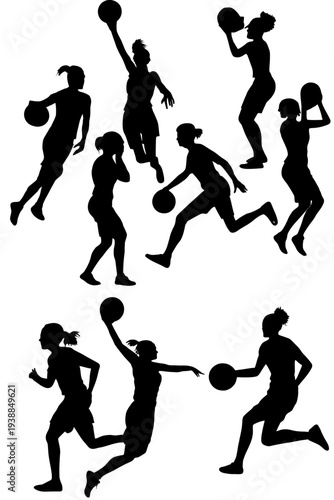 A dynamic vector illustration featuring black silhouettes of male and female football players in action, capturing athletes as they run, jump, and compete with a soccer ball during a sports game