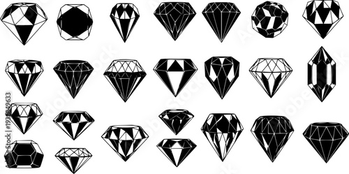 Black and White Line Art Diamonds and Gems Collection, Vector Graphics