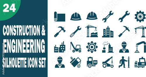 Collection of 24 construction and engineering icons in teal color on transparent background