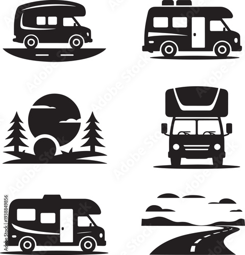 Collection of black silhouettes of rv vehicles and camping scenes on transparent background
