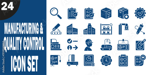Collection of 24 manufacturing and quality control icons in blue on transparent background