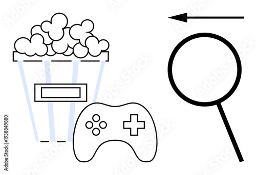 Entertainment concept. Popcorn, game controller, and magnifying glass for of movies, gaming, and discovery. Entertainment essentials for relaxation and exploration. Great for media, leisure