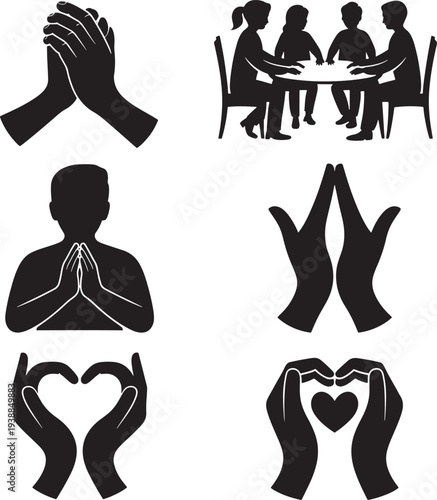 Collection of silhouettes depicting various hand gestures representing prayer and togetherness symbolizing unity