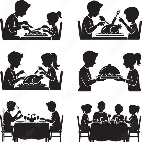 Family dinner silhouettes of people cutting and serving food at the table together