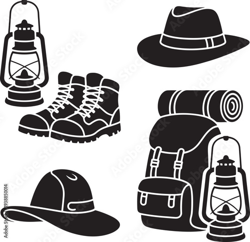 Hiking boots backpack hat lantern sleeping bag camping gear silhouette icons set isolated on transparent background
