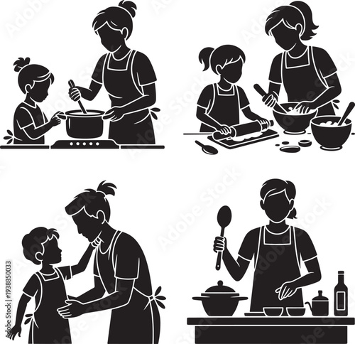 Mother and children cooking together in kitchen scenes isolated silhouettes various culinary activities people wearing aprons