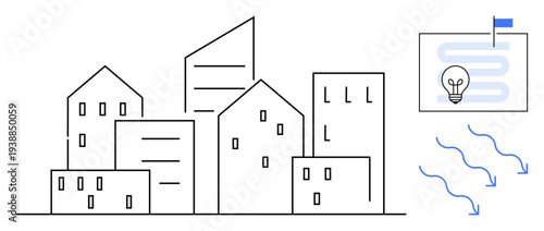 Urban planning concept. Urban skyline with clean lines s modernity and innovation. Urban spaces and associated futuristic planning ideas. For architecture, cityscape design, brainstorming, energy